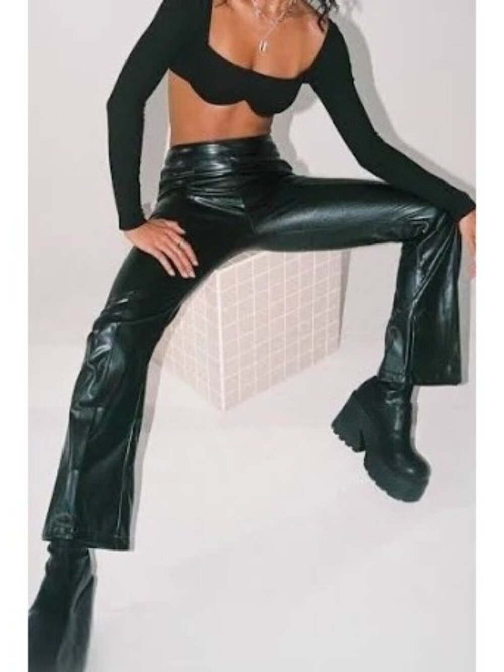 Princess Polly Branden Faux Leather Bootcut Pull On High Waist Pants Black Size